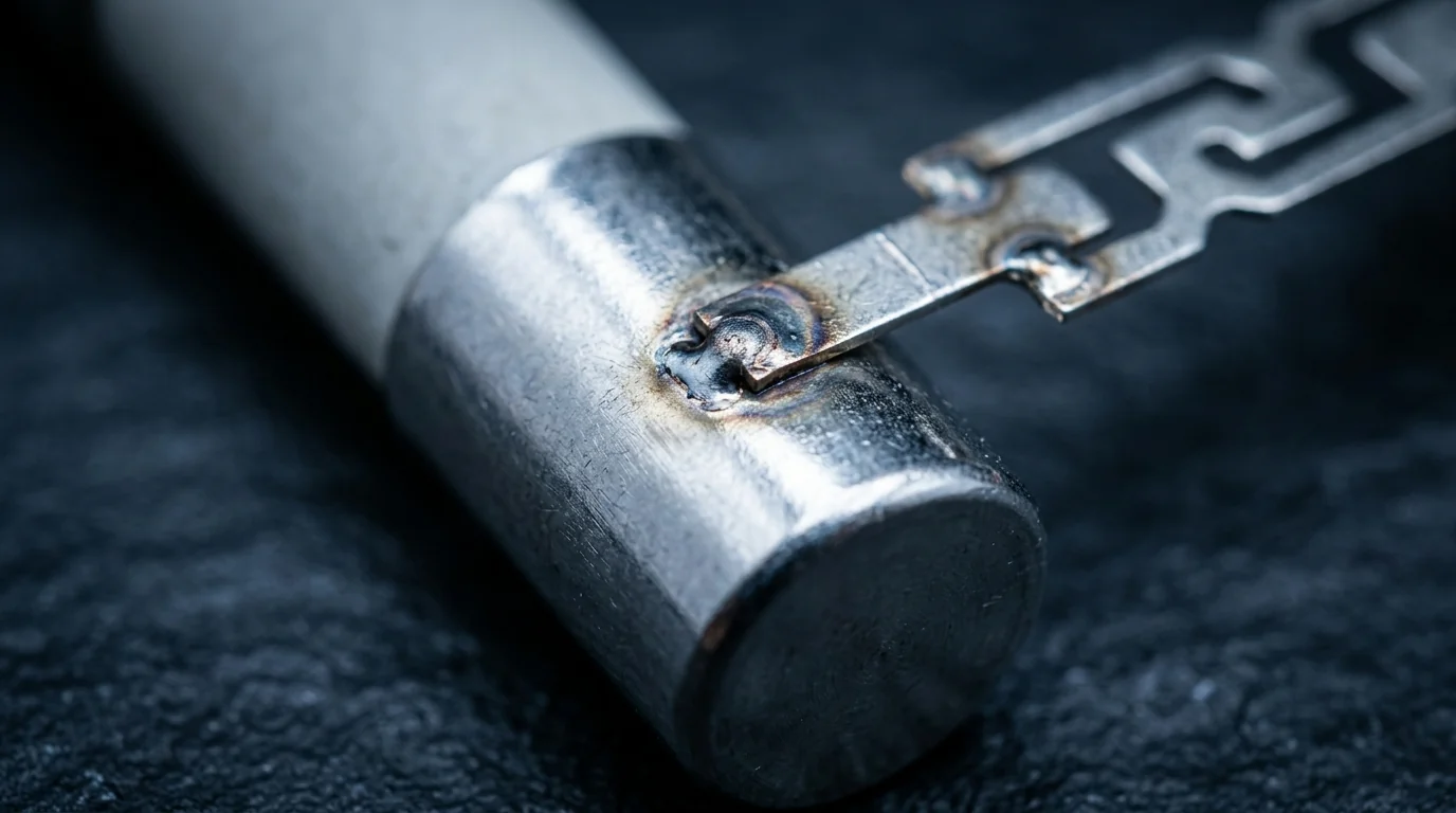 Cylindrical ceramic cartridge fuse body with a zigzag fuse-element strip welded onto its metal end-cap, close-up on a dark textured surface