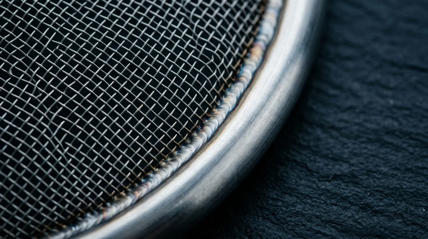 Close-up of a woven stainless-steel wire mesh disc edge-sealed to a polished stainless-steel perimeter rim on a dark surface