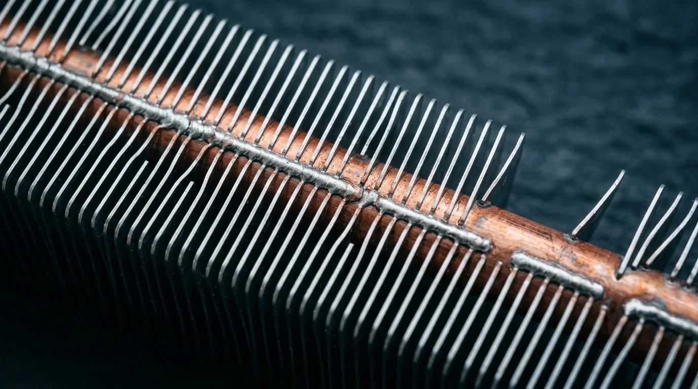 Close-up of a heat exchanger showing a horizontal copper tube with a row of thin aluminum fins bonded along its length, each fin joint visible as a small welded seam between the fin and the tube