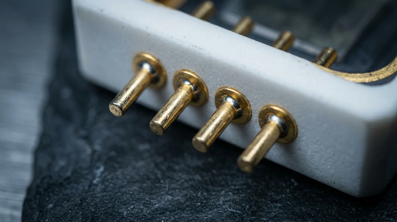 White ceramic microwave hybrid package with a row of gold-plated pin feedthroughs projecting through the hermetic side wall, close-up on a dark surface