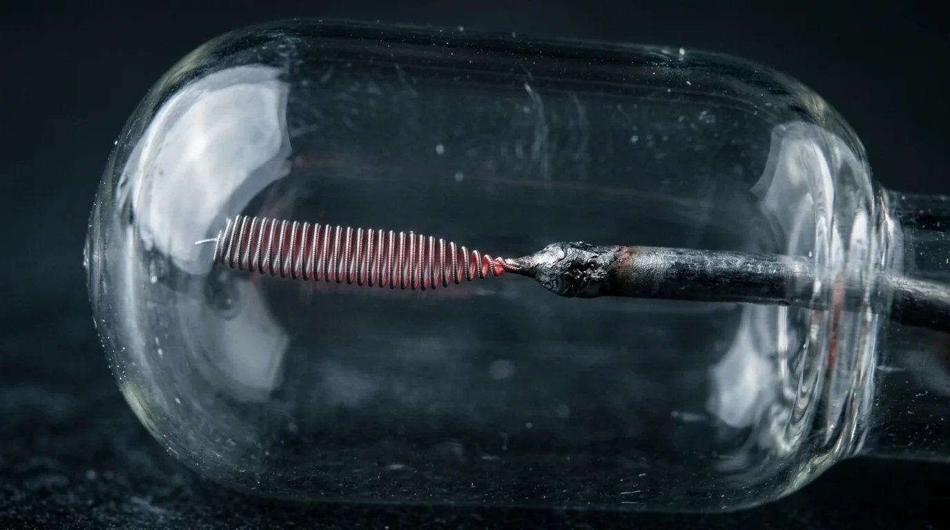 Interior of a clear glass lamp bulb showing a coiled tungsten filament welded to a support electrode inside the bulb, close-up on a dark background