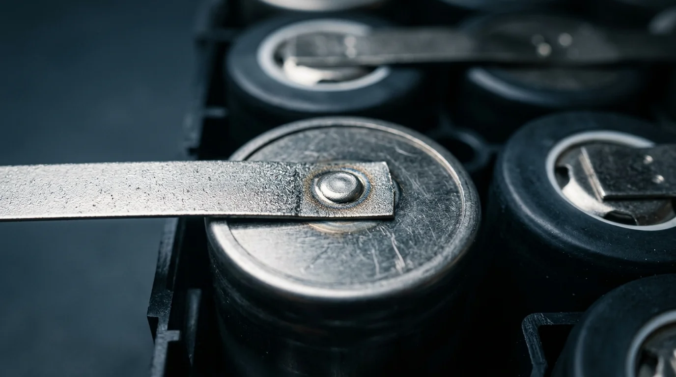 Top-down view of cylindrical lithium battery cells in a plastic holder with a nickel strip tab spot-welded onto one cell's positive terminal for a portable power station pack