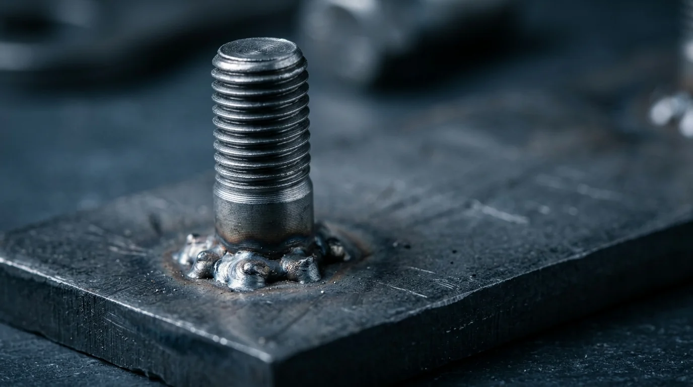 Close-up of a threaded stud projection-welded onto a metal base plate with intact threads and a visible fillet of expelled weld metal around the stud base on a dark surface