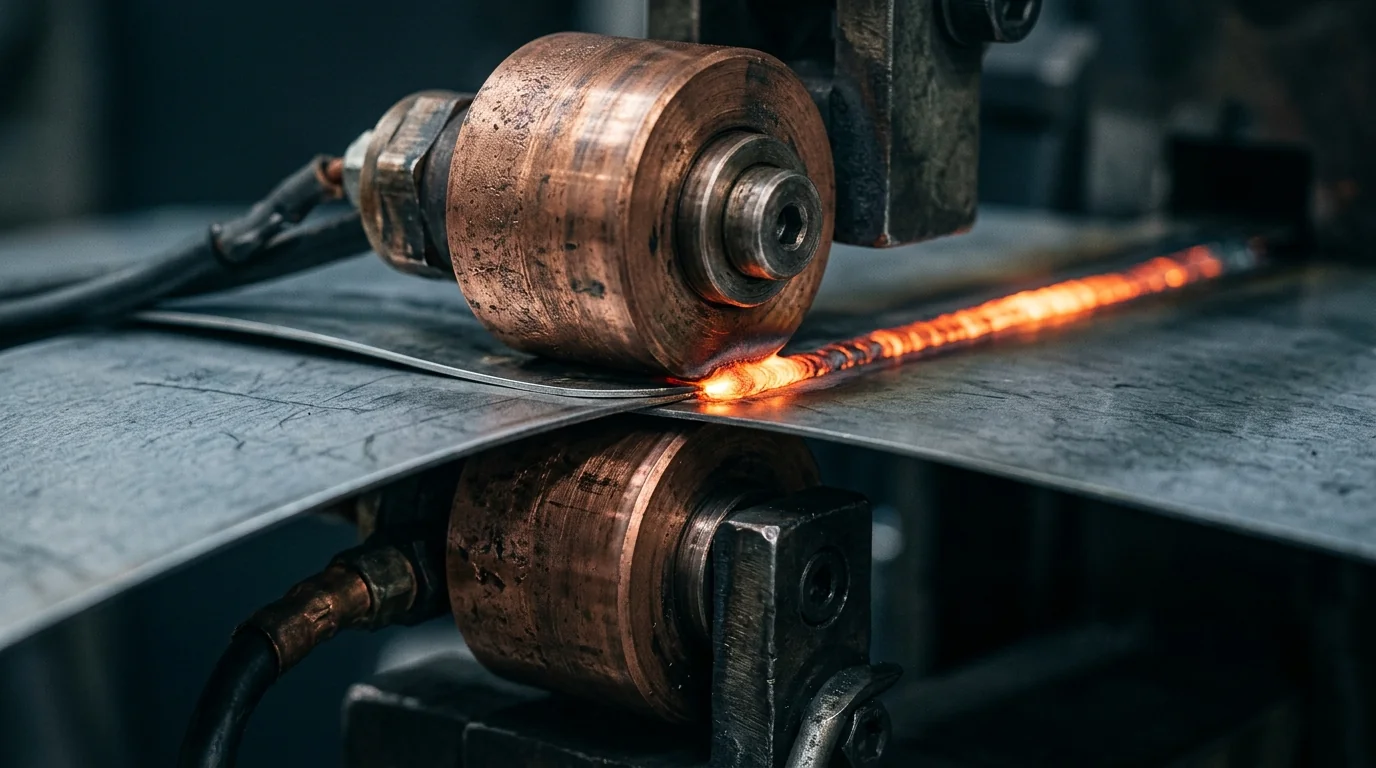 Copper roller electrodes running along a metal sheet seam with a glowing orange weld trail behind them during continuous resistance seam welding