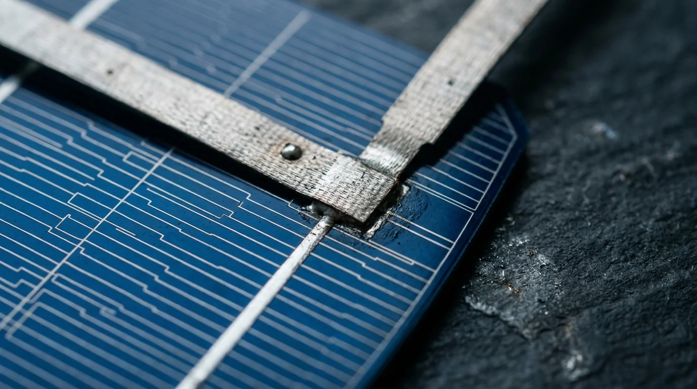 Corner of a dark blue silicon solar cell showing busbar patterns with a tinned metal interconnect tab ribbon welded onto the cell
