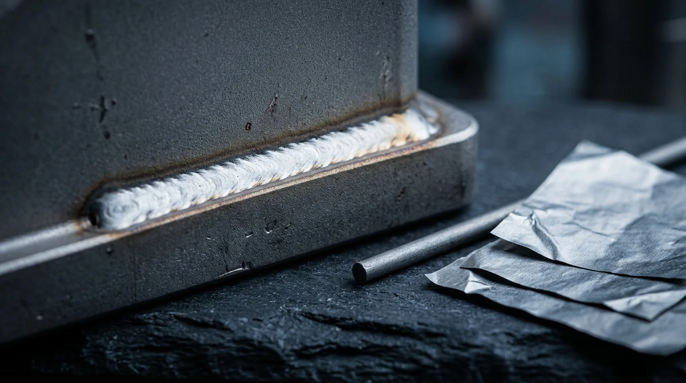 Titanium specialty-metal part with a clean silvery fish-scale weld bead along the base showing proper argon shielding coverage, with a filler wire rod and thin metal foil in the foreground on a dark surface