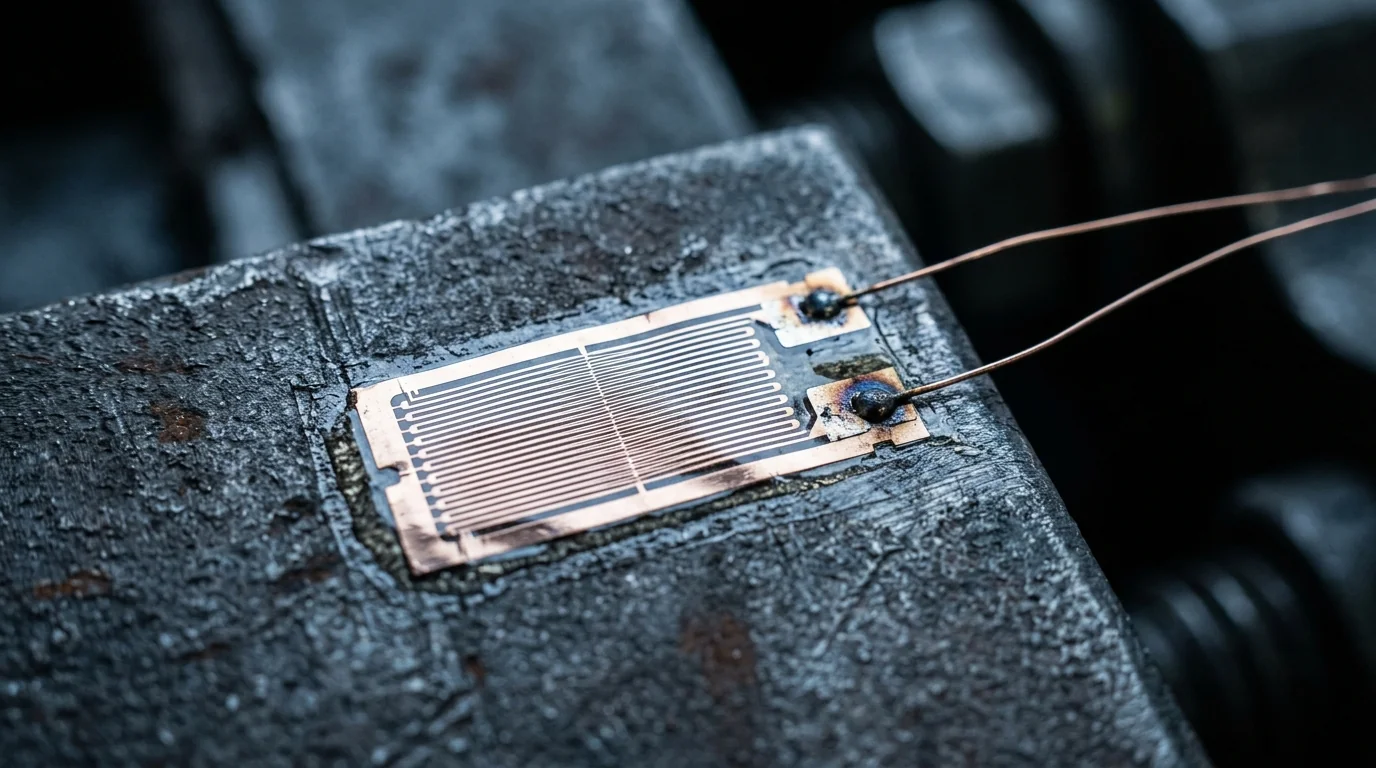 Foil strain gauge bonded to a metal substrate with two fine copper lead wires welded at the gauge's solder pads, close-up on a dark surface