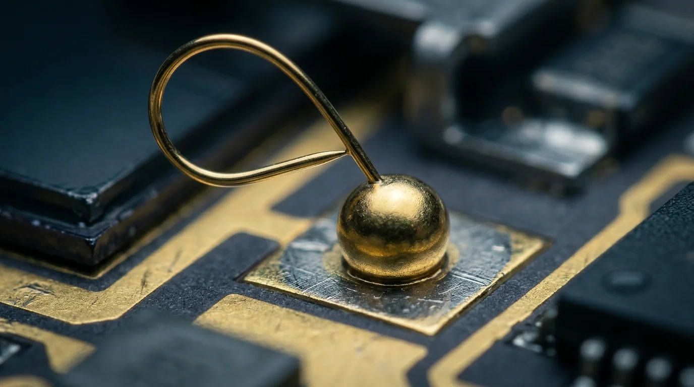Gold ball bond on a chip's metal pad with a fine gold wire looping up, close-up showing the surrounding gold interconnect traces of a hybrid microelectronic assembly