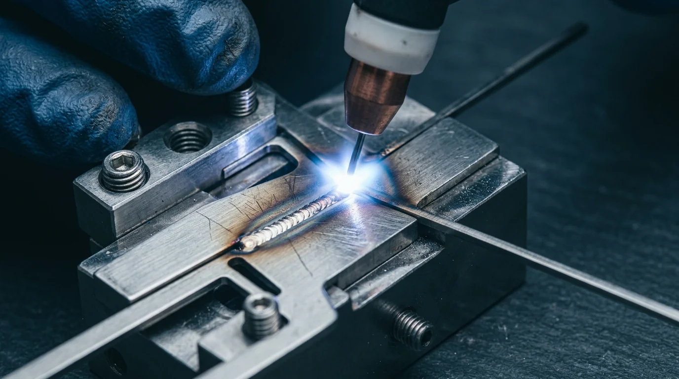 Close-up of a micro welding electrode forming a fish-scale weld bead on a workpiece clamped in a precision steel fixture, with a blue-gloved operator hand at the edge of the frame and filler wire entering from the side