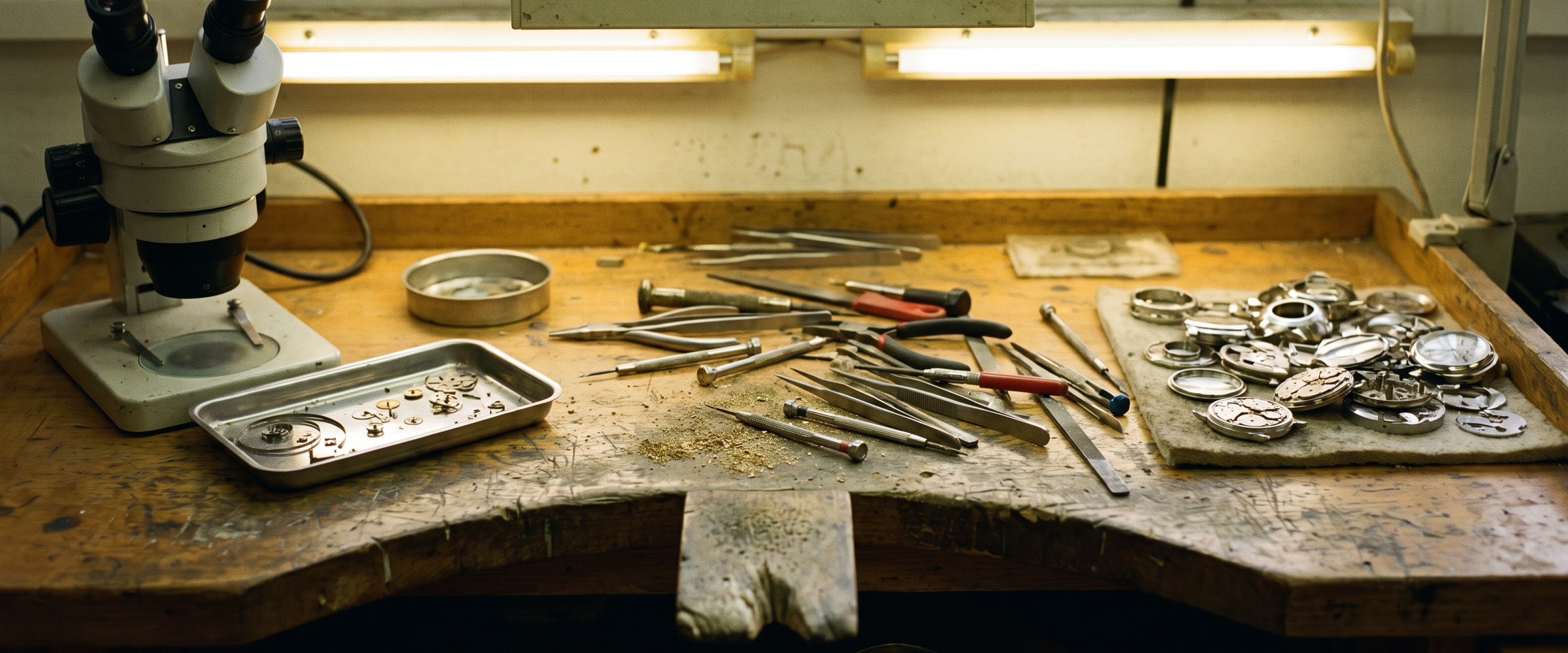 a working bench photographed from where the operator sits, with the magnification, the incoming work and the previous operation already occupying it