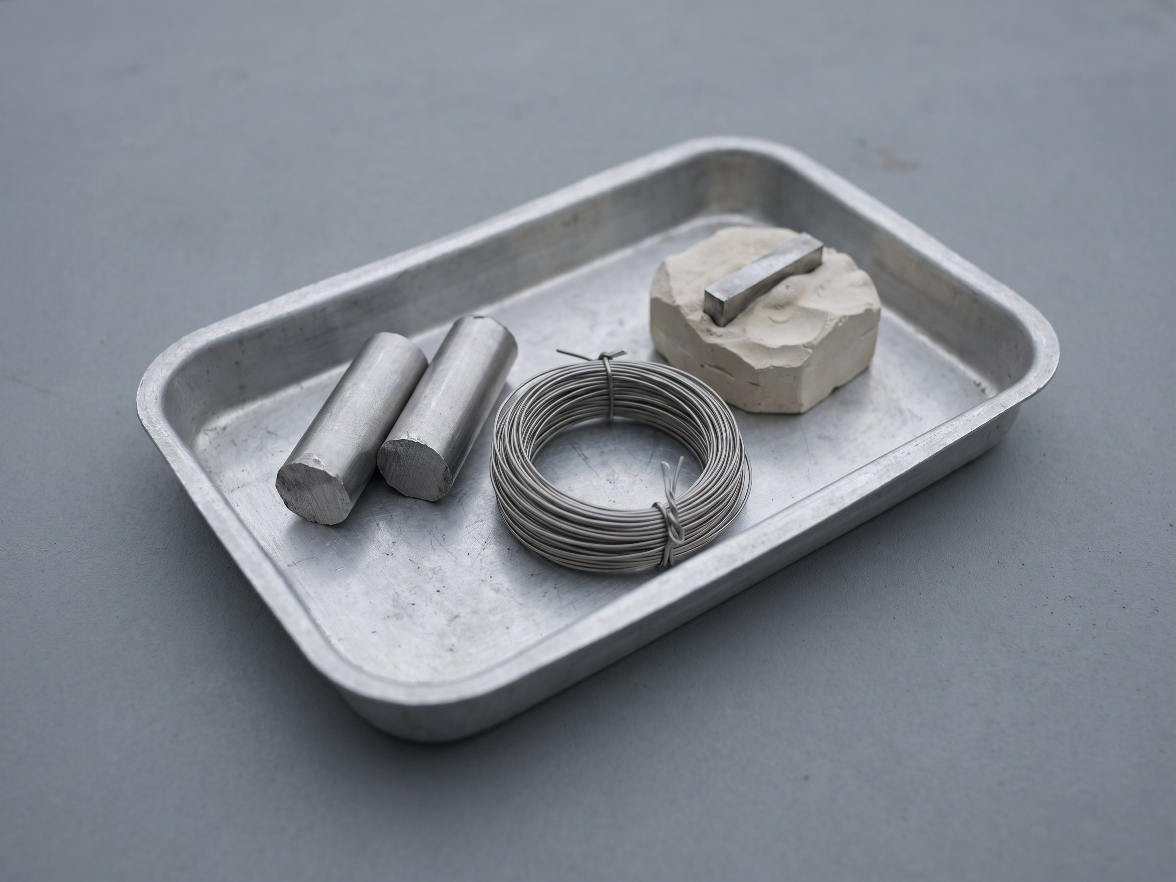 A tray holding a sample set as it would arrive: two offcuts of the same alloy, a length of retainer wire, and a bar segment on a model base