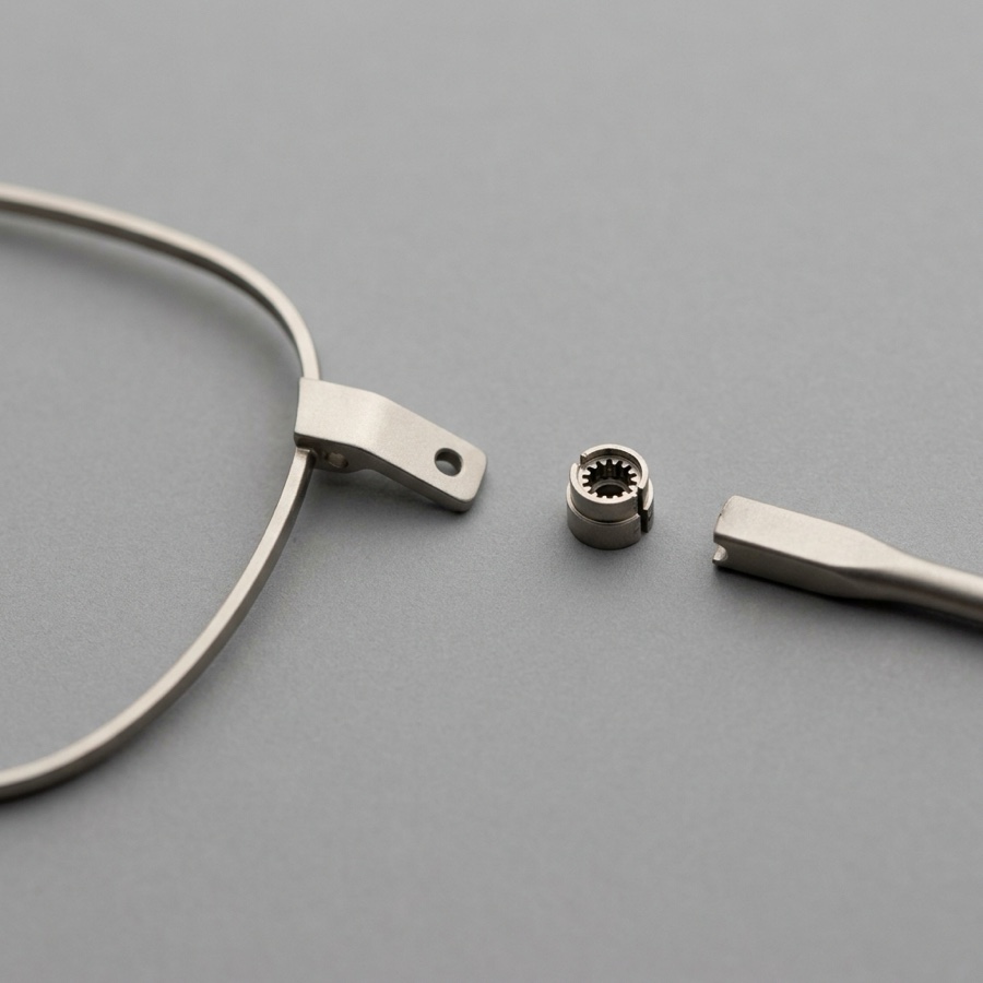 Titanium eyewear endpiece and hinge before welding