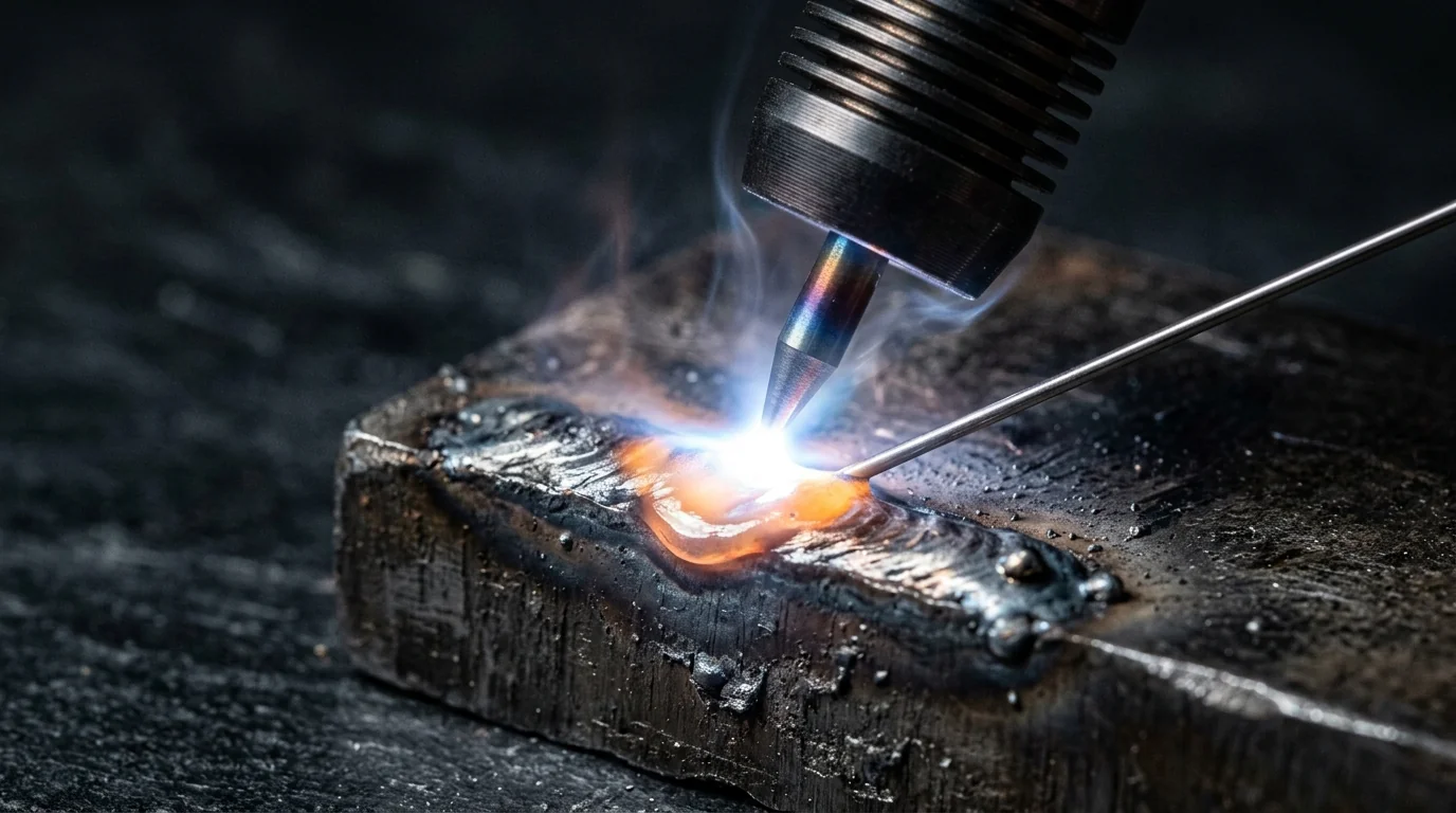 Pulse arc / micro TIG electrode adding filler wire onto a small metal workpiece, with a glowing orange molten weld pool and blue arc light against a dark workshop background