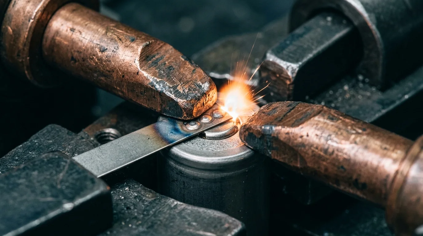 Copper resistance-spot-welder electrodes clamping down to bond a nickel strip tab onto a cylindrical battery cell, with visible previous spot welds along the tab and bright orange sparks at the active weld point
